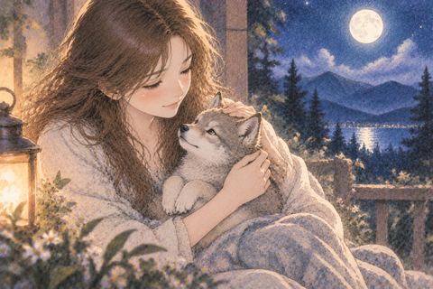 小さな狼の赤ちゃんを優しく抱く女性
