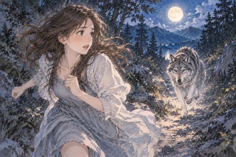 夜道で狼に追われて走る女性
