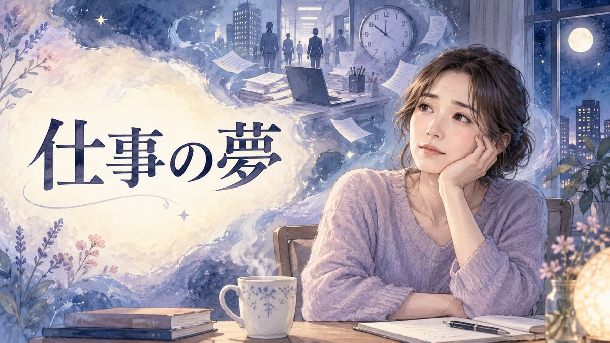 夜の部屋で仕事の夢を振り返る女性と、机や時計や職場のイメージ