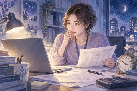 夜色のオフィスで入力ミスに気づき焦る人物