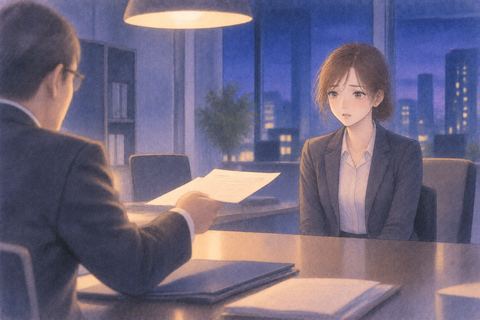 退職を迫られ困った表情で話を聞く人物