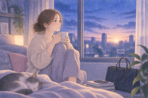自宅で仕事を休み窓辺に座る人物