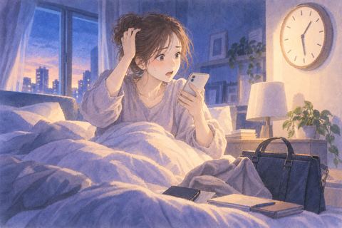 時計を見て仕事の時間を過ぎたことに気づく人物