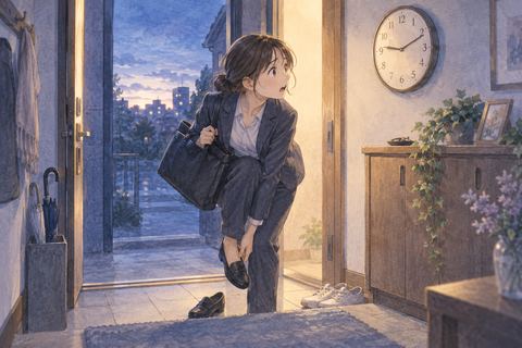 始業時刻を過ぎた時計を見て焦る人物