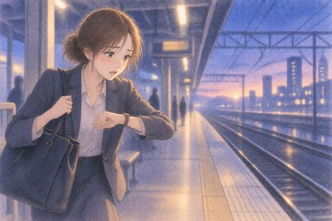 駅で電車を待ちながら仕事へ急ぐ人物
