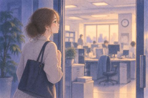 前の職場の入口で立ち止まり中を見つめる人物