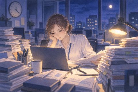 夜遅くまで増え続ける書類を前に仕事を続ける人物
