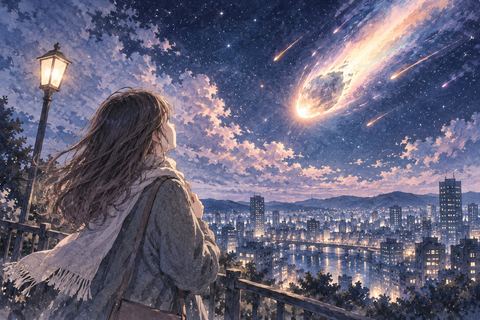 夜空から迫る隕石を見上げる女性