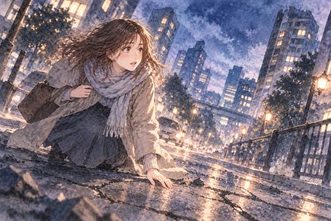 揺れる夜の街で足元を確かめる女性