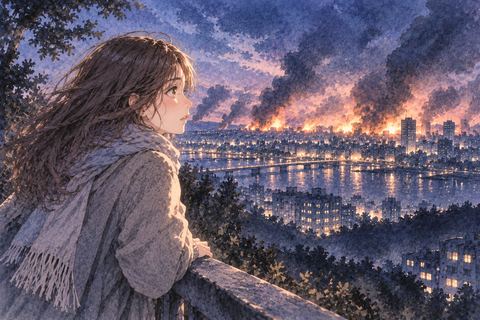 遠くの争いの光を不安そうに見る女性