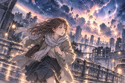 崩れゆく夜空を背に走る女性