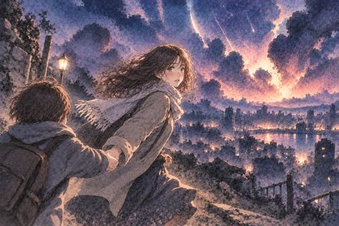 終末の夜に相手の手を引く女性
