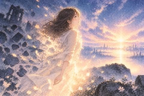 光に包まれ古い姿が薄れていく女性