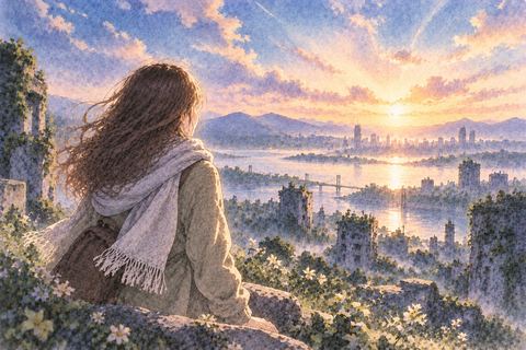 新しい光景を見つめる女性