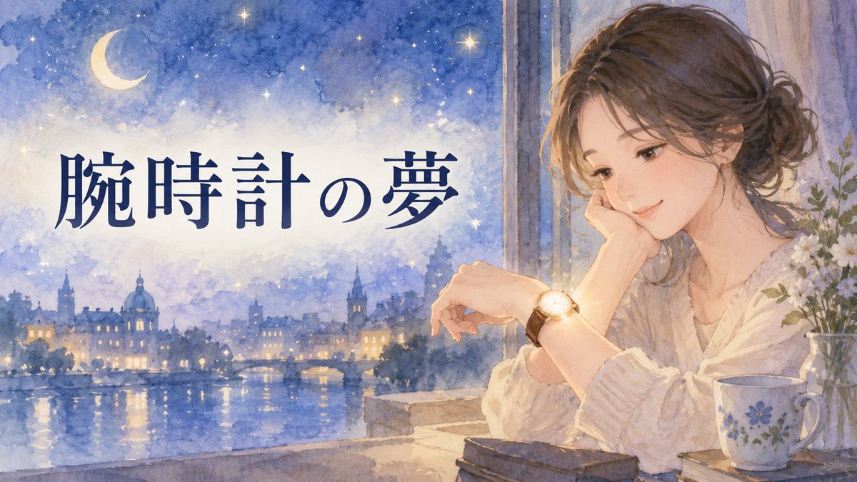 夜の窓辺で腕時計を見つめる大人の女性
