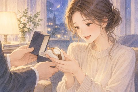 差し出された腕時計をうれしそうに受け取る女性