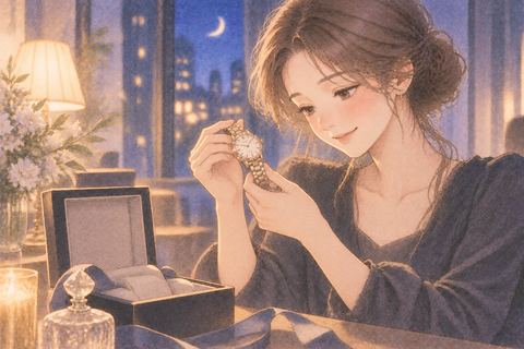 上品な高級腕時計を手にして見つめる女性