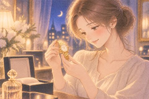 金色に輝く腕時計を見つめる女性
