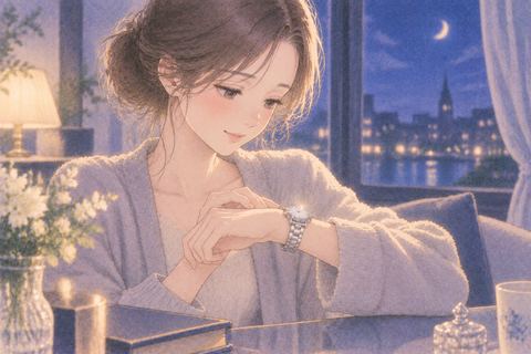 銀色の腕時計を静かに眺める女性