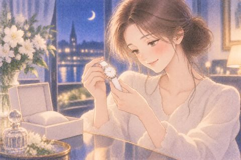 白い腕時計を新鮮そうに見つめる女性