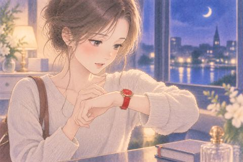 鮮やかな赤い腕時計を見つめる女性
