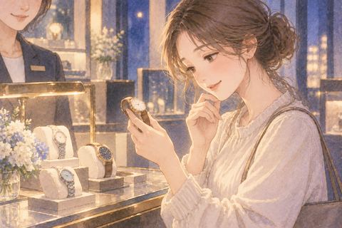 店頭で気に入った腕時計を選ぶ女性