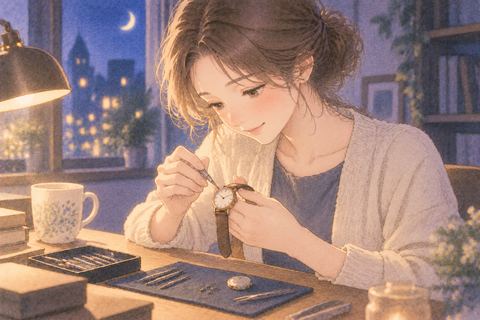 机で腕時計を丁寧に直す女性