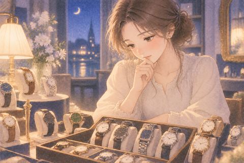 たくさんの腕時計を前に迷う女性