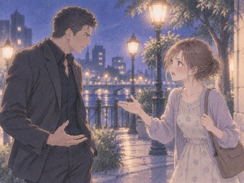 夜の街角で男性と言い争う女性
