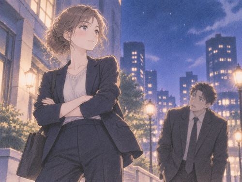 濃色のスーツで堂々と立つ女性