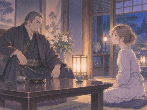 和室で親分風の男性と向き合う女性