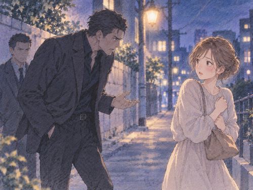夜道で威圧的な男性と距離を取る女性