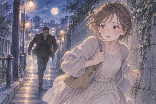 夜道を走る女性と遠くから追う男性