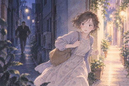 明るい路地へ逃げ道を選ぶ女性