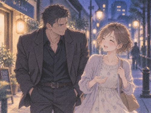 夜の街で穏やかに談笑する女性と男性