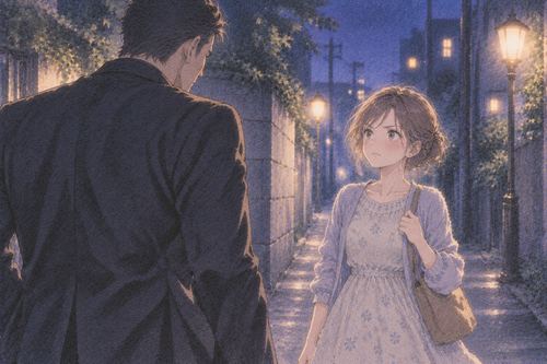 夜道で威圧的な男性に向き合う女性