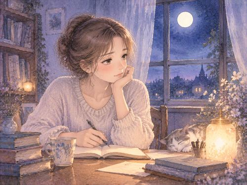静かな表情で未来を考える人物と夜の机
