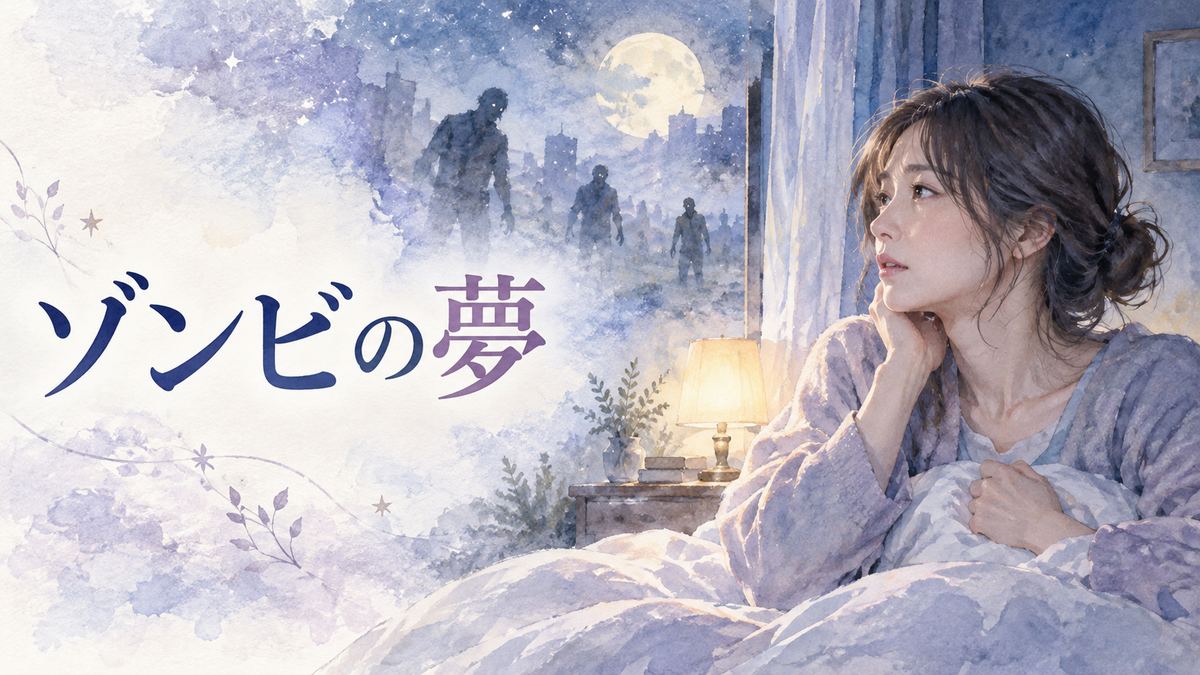 夜明け前の部屋で夢の余韻に包まれる大人の女性と遠くに浮かぶゾンビの影