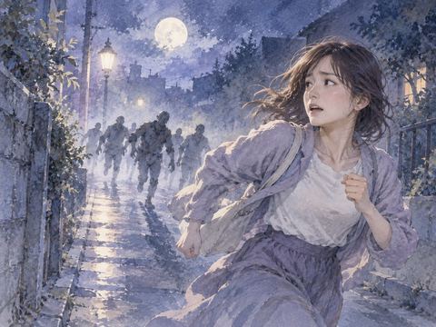 夜の道で遠くのゾンビから逃げる人物