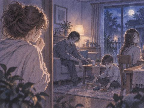 夜の室内でゾンビのように変わった家族を心配そうに見つめる人物