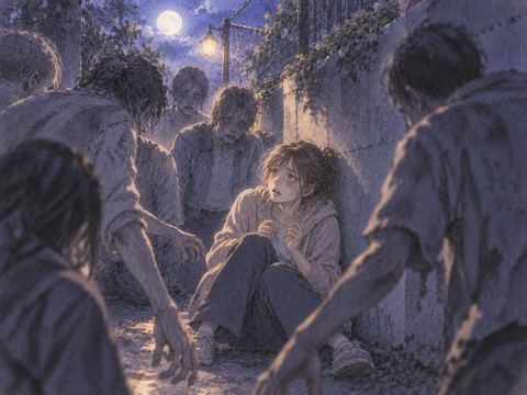 複数のゾンビに囲まれ逃げ場を失った人物