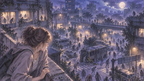 夜の街のあちこちにゾンビの影が広がる光景