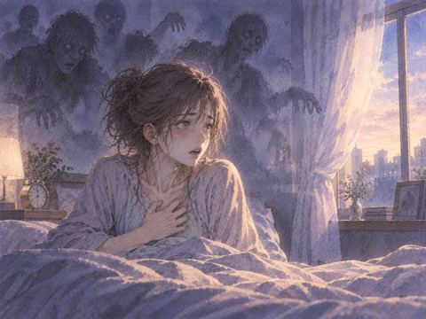 夜明け前に目覚め胸元に手を当てる人物と薄れるゾンビの夢の影