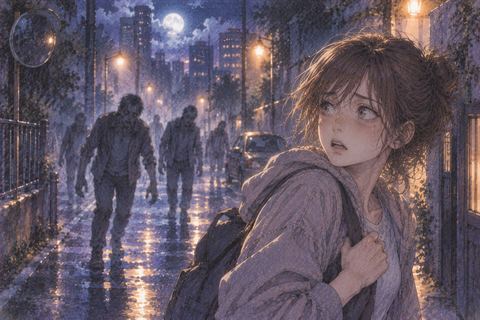 鮮明な夜の街と迫る足音を意識する夢の中の人物