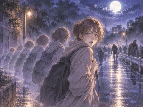同じ夜道を何度も歩くように足跡が重なる人物と遠くのゾンビ