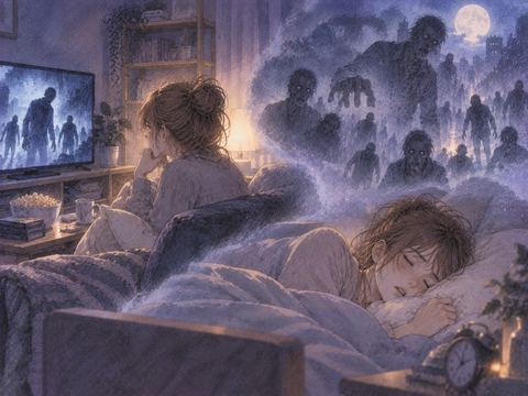 夜に映画を見たあと眠る人物と夢の中に浮かぶゾンビの影