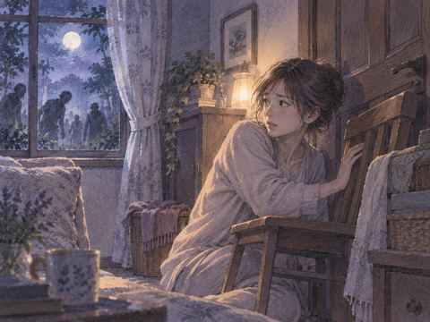扉を閉めた室内で外のゾンビから身を守る人物
