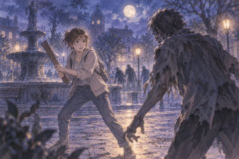 夜の広場でゾンビと距離を取りながら向き合う人物