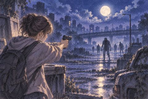 遠くのゾンビへ向けて銃を構え距離を保つ人物