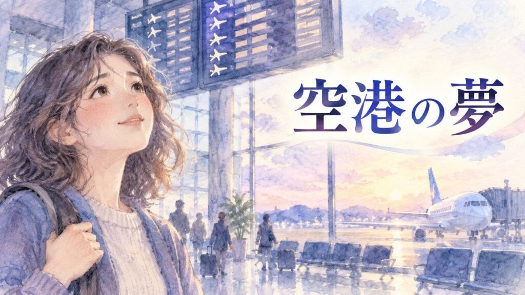 空港の出発ロビーで搭乗案内を見上げる女性
